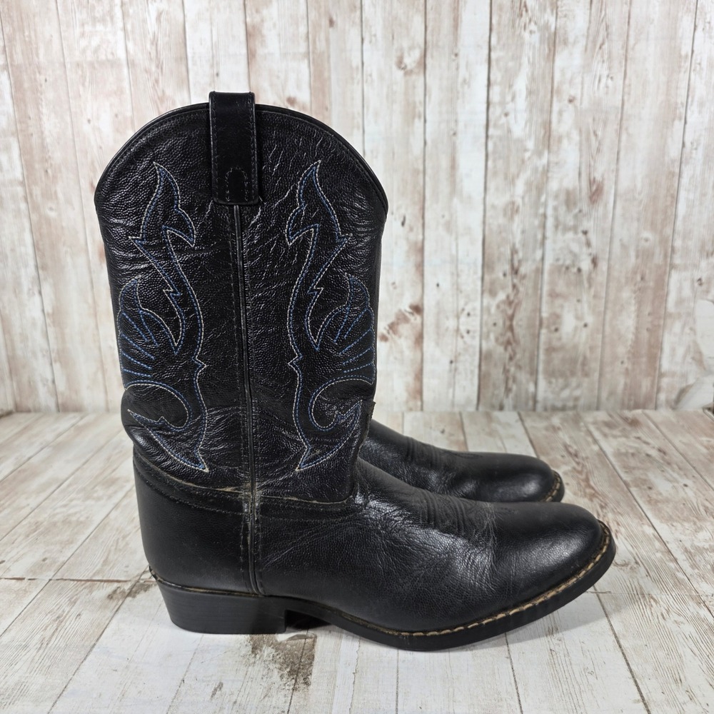 Acme Womens Black Leather Western Cowboy Boots Blue Stitching AC153Y Size 7 D